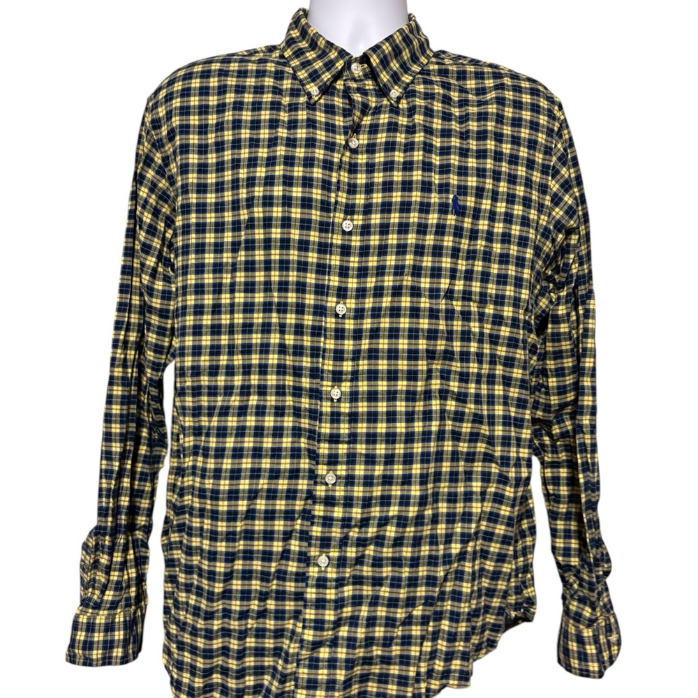 Men’s Ralph Lauren Yellow and Blue Plaid Casual Button Down Long Sleeve Shirt XL